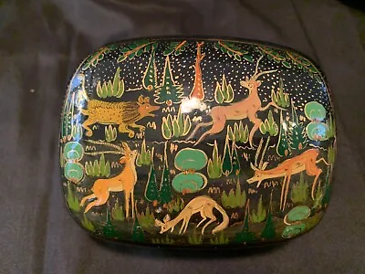 Vintage Indian Kashmiri Paper Mache Domed Trinket Box Antelope Lion 5” X 3” • $18