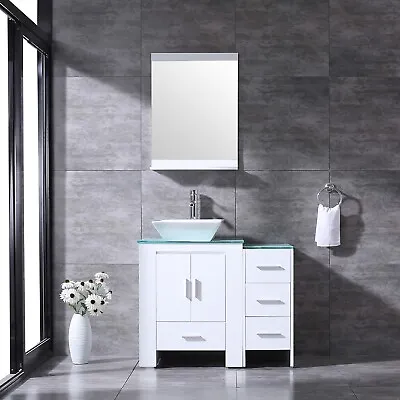 36  Bathroom Vanity With Sink White Cabinet Ceramic Vessel Sink Faucet Drain Set • $449.99