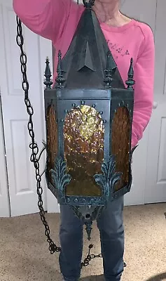 Gothic Medieval Hanging Fixture Light Metal Glass Swag Large! Excellent Cond. • $49