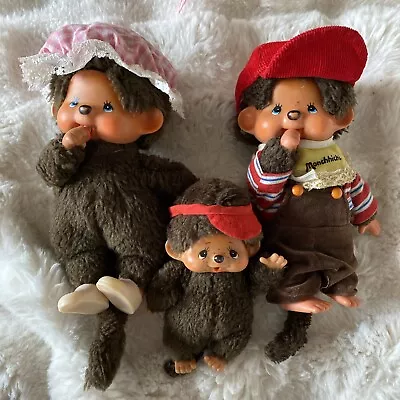 (3) Monchhichi Mom Dad And Baby. All Have Hats Hair Is Loose Needs Glued VTG 74 • $150