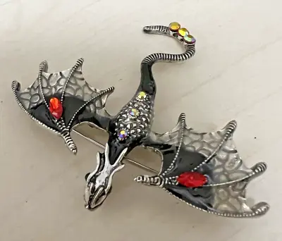 Medieval Style Metal Dragon Brooch Pin W/ Rhinestones (Black & Red) New • $8