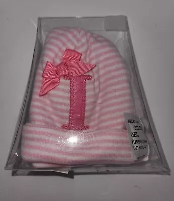 Mud Pie Baby Girl Initial  I  Pink Striped Newborn Beanie Size 0-3 Months New • $8