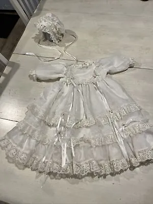 Vintage Handmade Dress & Bonnet Baby Or Baby Doll Gown White Pink Roses • $48.92