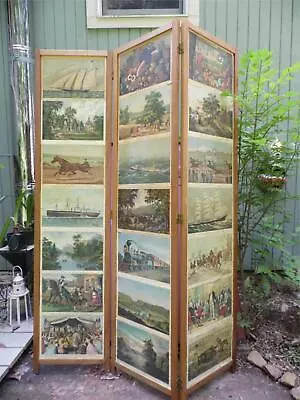 Vintage 3 Panel Folding Room Divider Privacy Dressing Screen Currier Ives Prints • $517.50