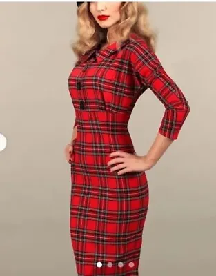 British Retro 50's Style Wilma Tartan Wiggle Pencil Dress Size 10 • £25