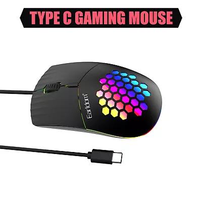 Type C USB Gaming Mouse 1600DPI RGB Lights Lightweight Mouse For Desktop Laptop • £4.95