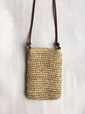 THE WHITE COMPANY Raffia Bag Phone Pouch Leather Strap Lined Crossbody NWOT • £28.50