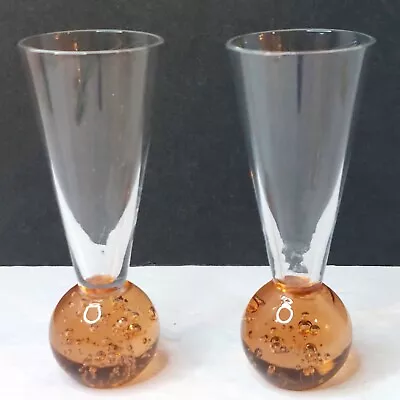 Vtg Trumpet Style Set Of 2 Shot Glasses W/Ball Stem Amber/Peach Color & Bubbles  • $18.47