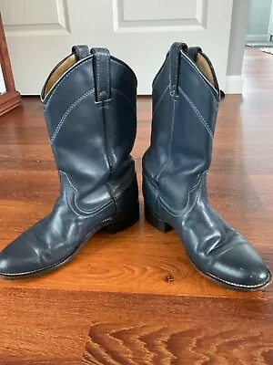 Vintage Wrangler USA Made Navy Blue Leather  Western Boots 7.5 M Cowboy Boot • $50