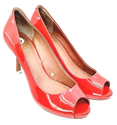 Vince Camuto Kira Pump Women 6 B Coral Patent Peep Toe Hidden Platform Heel Shoe • $35.99