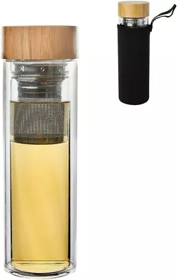 £13 • Buy Glass Water Bottle  400 Ml With Tea Infuser Bamboo Lid Sleeve Bpa Free FLASK