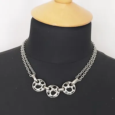 KARMA Silver Tone Double Chain Open Work Reversable Pendant Necklace Costume • £5.49