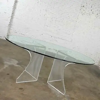 Modern Hollywood Regency Art Deco Lucite Sculptural Dining Table Oval Glass Top • $3295