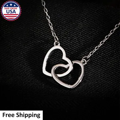 Women Fashion 925 Sterling Silver Interlocked Heart Beauty Lover Necklace Chain • $3.99