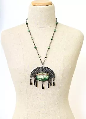 Mexican Metales Casados Mixed Metals Green Mask Pendant Necklace Vintage • $162