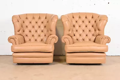 Vintage Tufted Leather Chesterfield Wingback Lounge Chairs Pair • $3995