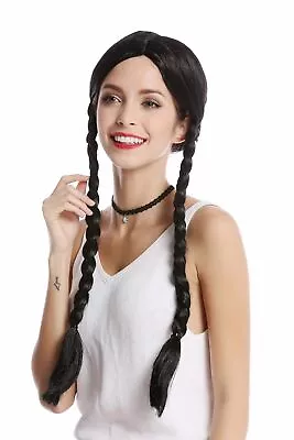 Wig Ladies Carnival Black Long Braided Pigtails Centre Parting Lolita • £8.64