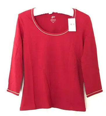 J Jill Rolled Piping Trim Pima Cotton Top 3/4 Sleeve Scoop Neck Sz XXS Red $39 • $27.30