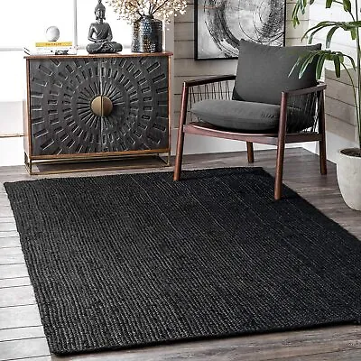 $198.10 • Buy Rug Black Rectangle Jute Area 100% Braided Runner Rustic Look Living Area Carpet