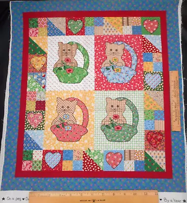 Fabric Panel Little Quilts Cat In Basket Quilt & Pillow 30s Repro Lk Cotton Vtg • $6.99