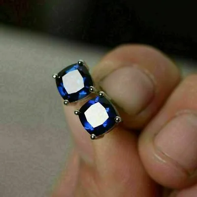 3Ct Cushion Lab-Created Blue Sapphire Women's Stud Earrings 14Kwhite Gold Finish • $68.70