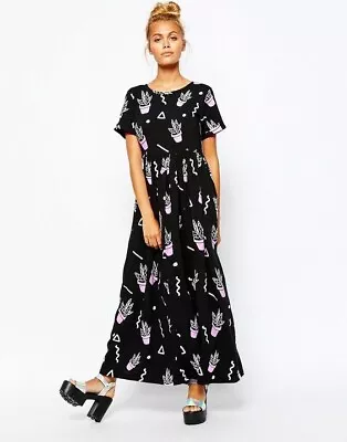 Lazy Oaf Black Pot Plant Print Short-Sleeve Maxi Dress - Size L (Fit Size 12) • $50