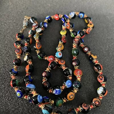 VTG MURANO VENETIAN MORETTI MILLEFIORI GRADUATED GLASS BEAD NECKLACE 12.5in • $125