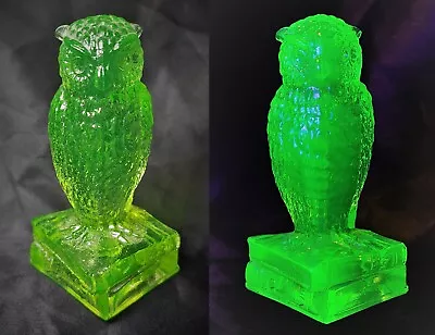 Vintage DEGENHART GLASS OWL On Books Figurine In Stunning Crystal Green- Glows • $67.95