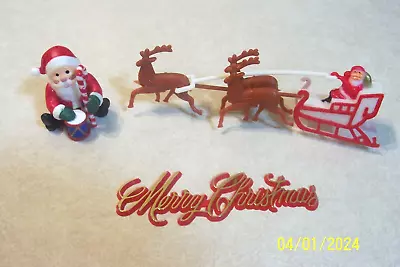 Vintage Plastic Mini Santa Sleigh & 3 Reindeer + Santa & Merry Christmas Sign • $19.99