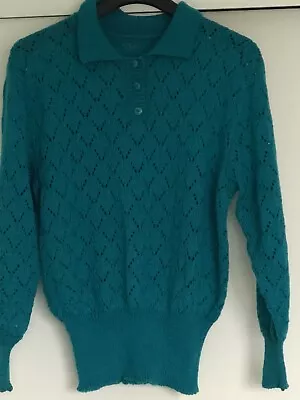 Machine Knitted Hand Finished Jumper. Jade.Long Sleeves.Lacy Pattern.Collar.UKM • £35