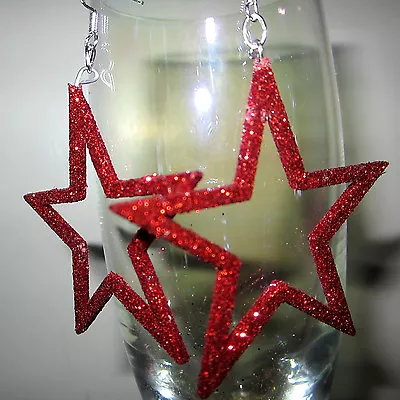 RED GLITTER STAR  925 Earrings Glitter INDEPENDENCE Handcrafted USA Nora's • $14.99