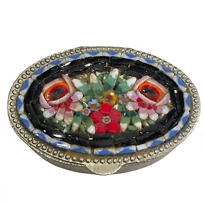 Vintage Italian 2  Oval Micro Mosaic Hinged Lid Pill /Trinket Box Floral Roses • $49.95