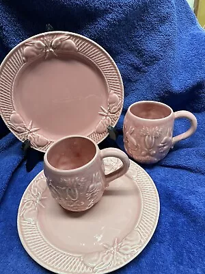 Bordallo Pinheiro Rabbit Pink Luncheon Salad Plates 8.25 D And Mugs 3”d Set Of 2 • $25