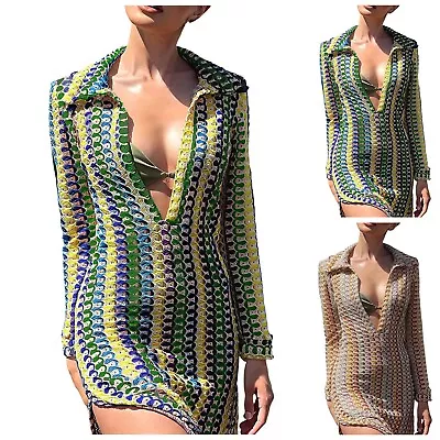 Women V Neck Crochet Long Sleeve Bodycon Long Dress Hollow Out Summer Thigh • $32.47