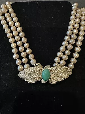 Vintage Retro Pearl Necklace 3 Strand Glass W Rhinestones/ Green Bead Clasp • $275