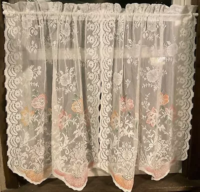 Vintage White Lace Kitchen Curtains 2 Panels Scallop Edged Easter Spring Floral • $12