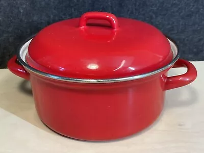 Vintage Red Enamel Saucepan Pot Retro Enamelware Metal • $25