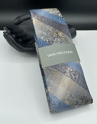 VAN HEUSEN Men's Neck Tie ~ Blue & Gray Striped Paisley ~ NEW MSRP: $45. • $14.99
