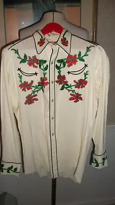 Amazing Vintage 1950's Miller Western Wear Embroid Red & Green Gabardine Shirt M • $499