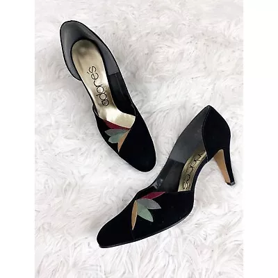 Adores Black Suede D'orsay Heels Pumps Leaf Embellishment Vintage Size 7 • $35