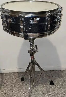 VTG LUDWIG SNARE DRUM 14 1/2 X 5 1/2” Black White Badge Sparkle W/ Stand & Case • $97