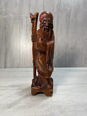 Vintage Wood Carved Asian Man Statue Elderly With Staff On Footed Base 6” • $24.99