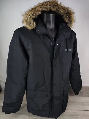 Level 1 Parka Mens Fur Hooded Jacket Black Size Medium • £34.99