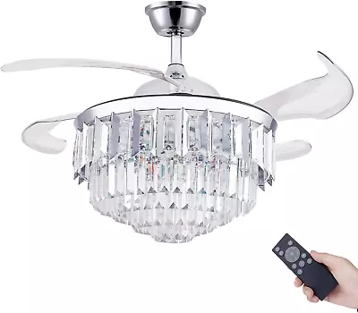 42  Crystal Ceiling Fan With Lights Retractable Invisible Fandelier Ceiling Fan • $241.99