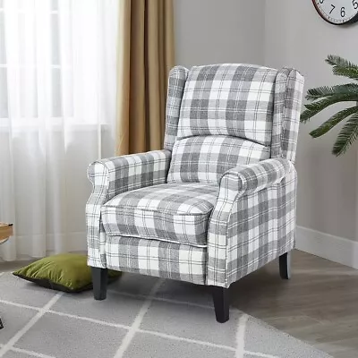 Grey Check Reclining Chairs Armchairs Adjustable Backrest And Footrest Wing Ba • £179.99