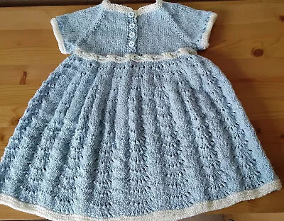 £8 • Buy Hand Knit Baby Girl's Dress Chest 20  Approx 12-18m. Blue And Cream Silky Yarn