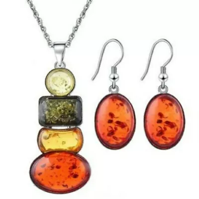 Women's Vintage Silver Amber African Jewelry Set Necklace Earrings Wedding Gift • $1.46