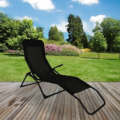 Garden Sun Lounger Outdoor Recliner Black Sun Bed Summer Patio Folding Chair • £29.99