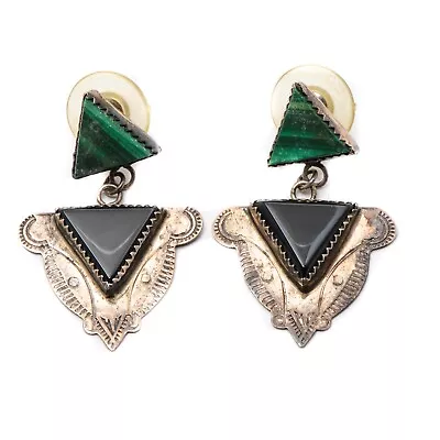 Vintage Navajo Johnny Johnson Sterling Silver Onyx Malachite Earrings (N134) • $3.25