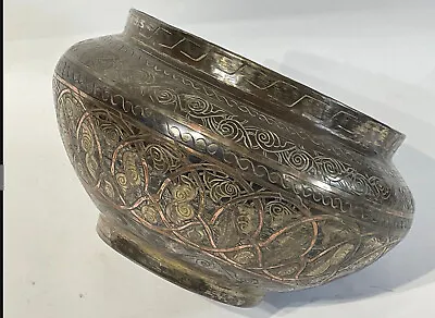 Antique Persian/ CairoWare/tinned Brass Bowl Handmade Inlaid Copper  31 X 18Cm • $174.07